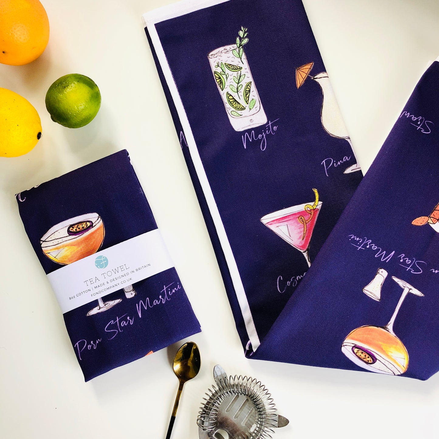 Cocktail lovers illustrated cocktail tea towel