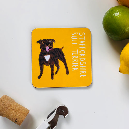 Illustrated Staffordshire Bull Terrier drinks coaster
