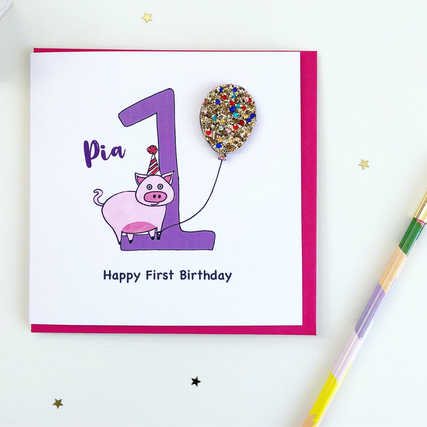 Personalised First Birthday pig card with glittery balloon