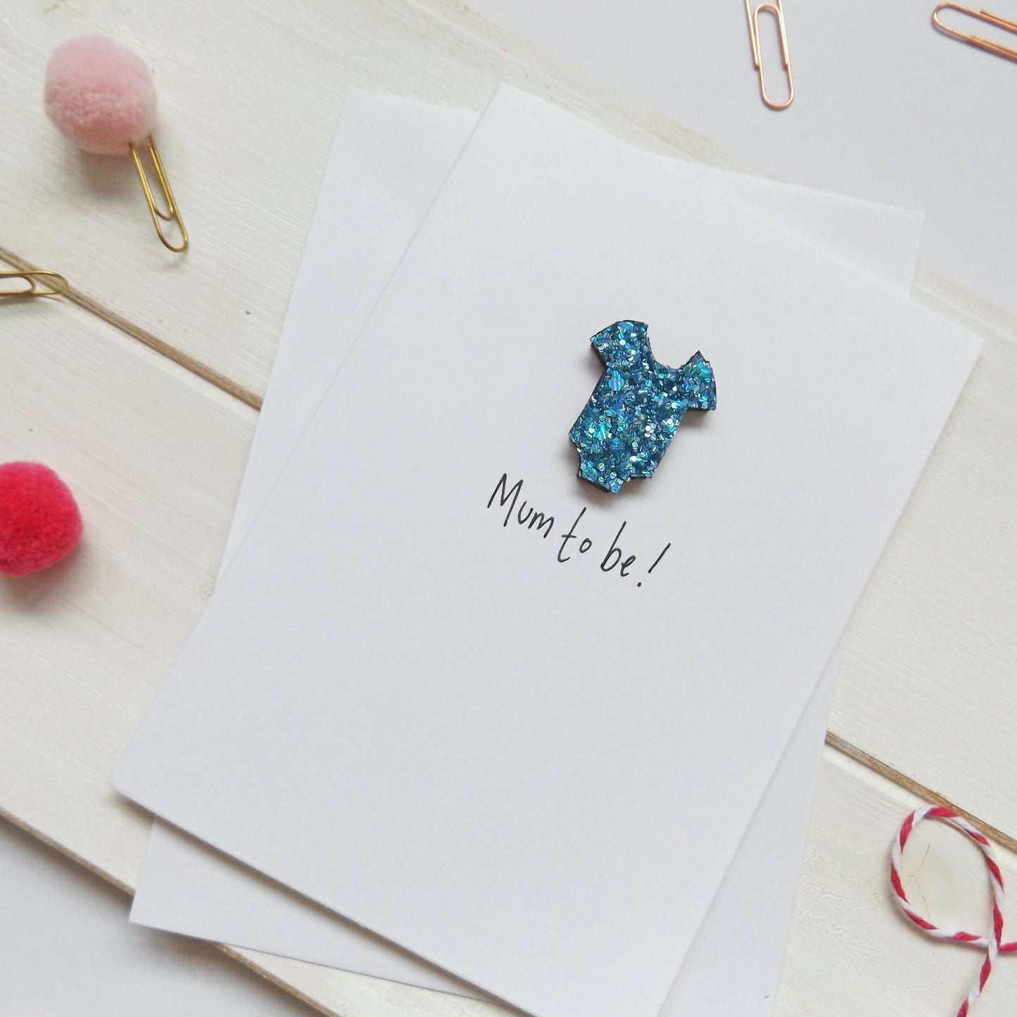 Mum to be! Blue Glitter babygrow baby shower card