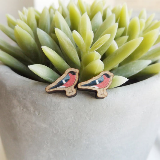 Handmade wooden Bullfinch bird earrings