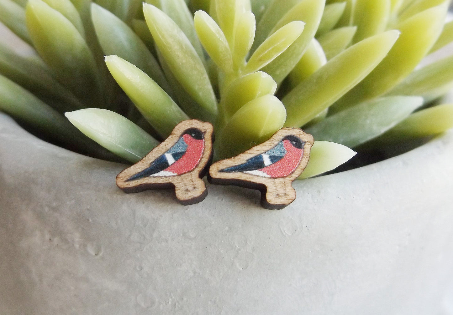 Handmade wooden Bullfinch bird earrings