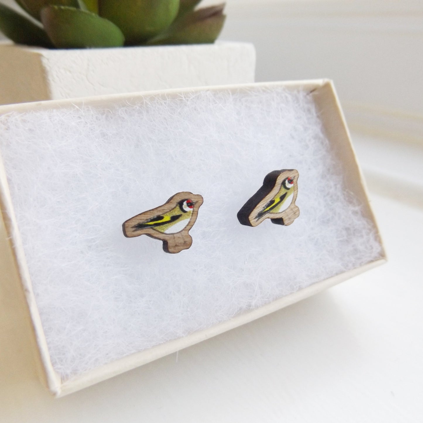 Handmade wooden Goldfinch bird earrings