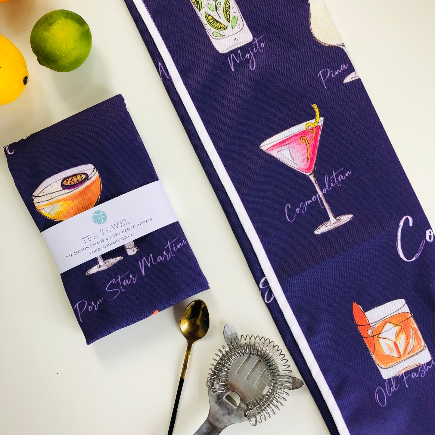 Cocktail lovers illustrated cocktail tea towel