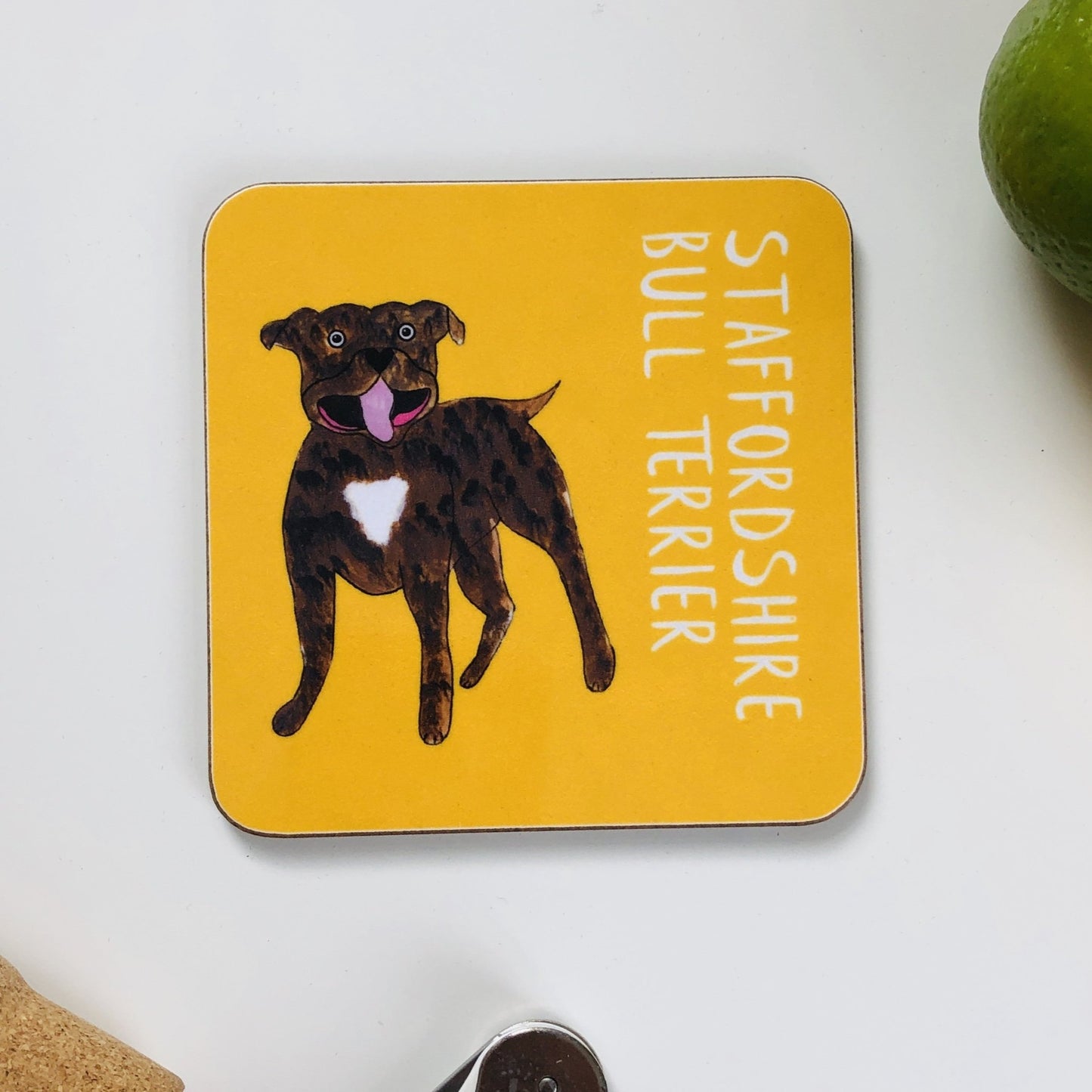 Illustrated Staffordshire Bull Terrier drinks coaster