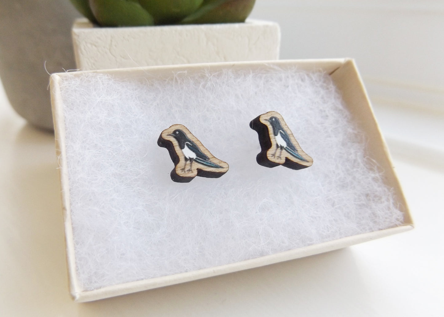 Handmade wooden Magpie bird earrings