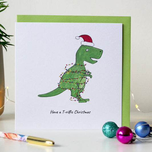 Funny T-rex Christmas card - 'Have a T-Riffic Christmas'