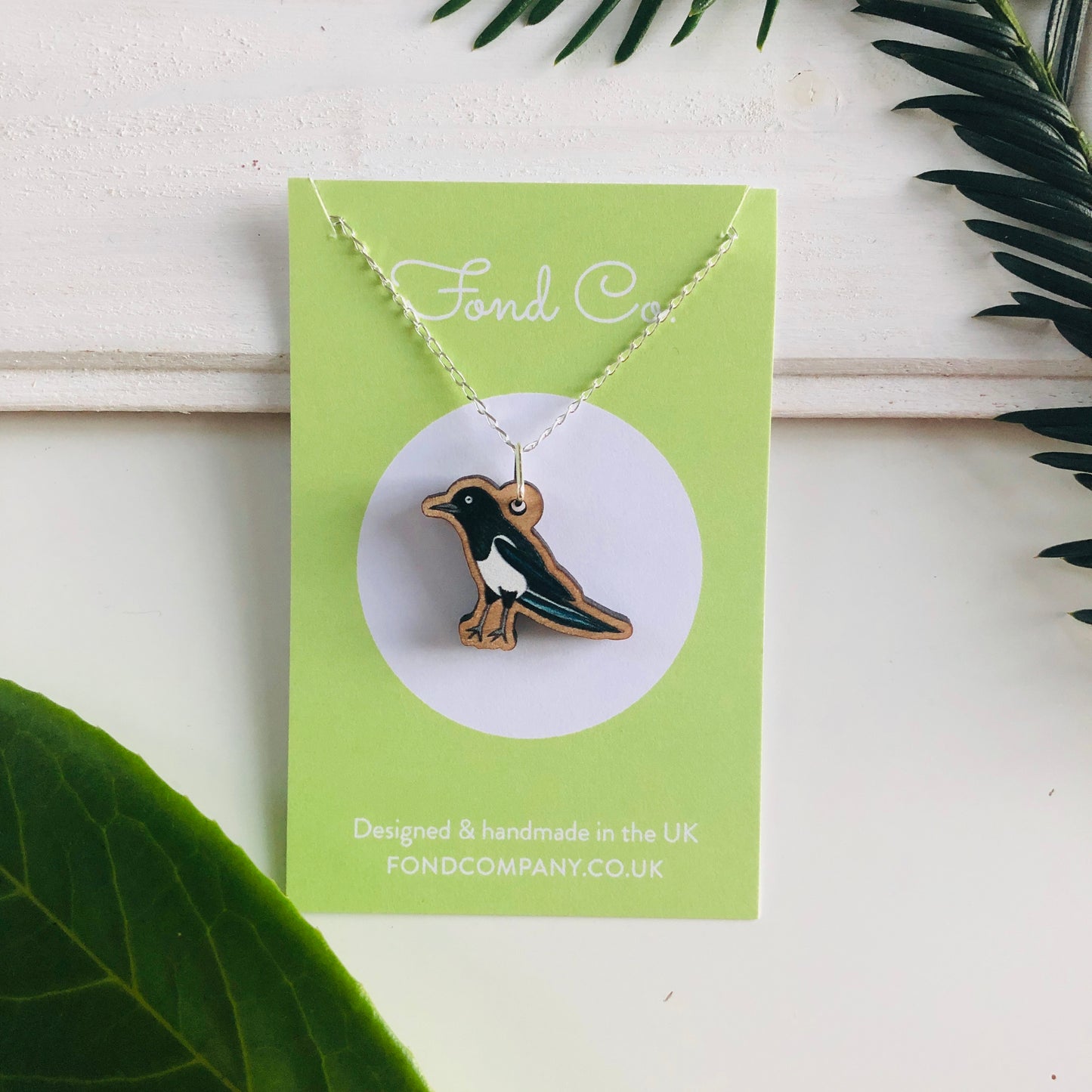 Handmade wooden Magpie necklace