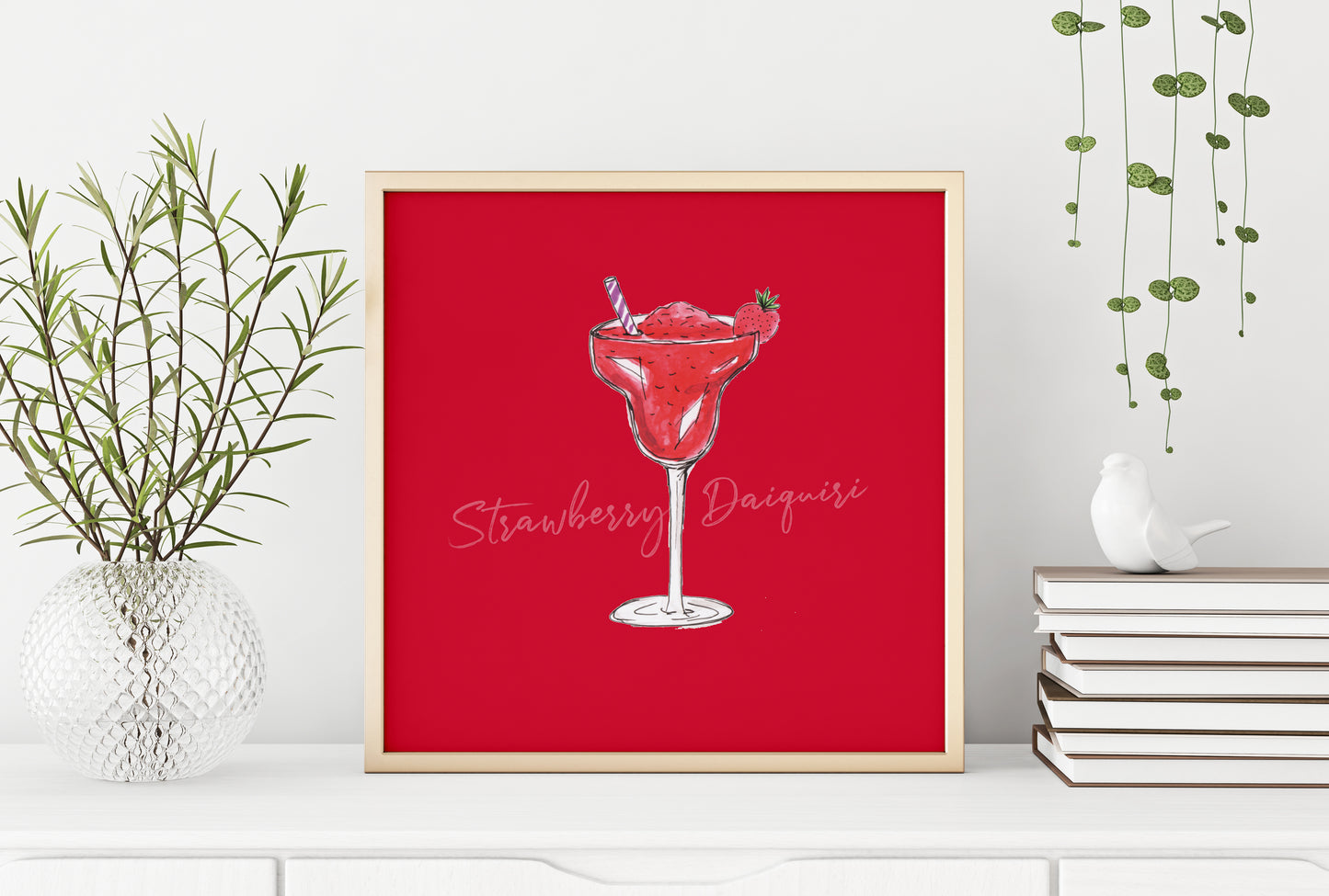 Frozen strawberry daiquiri cocktail illustration square print